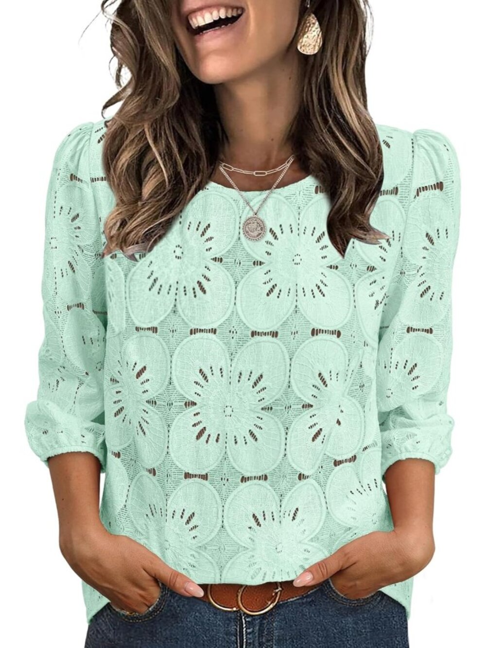 Women's Blouse Green Dressy Casual Long Sleeve Tops Eyelet Lace Summer Shirts
